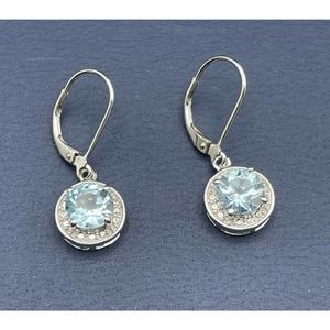 Sterling Silver 3.2CTW Round Blue Topaz Dangle Earrings Rhodium Plated Leverback